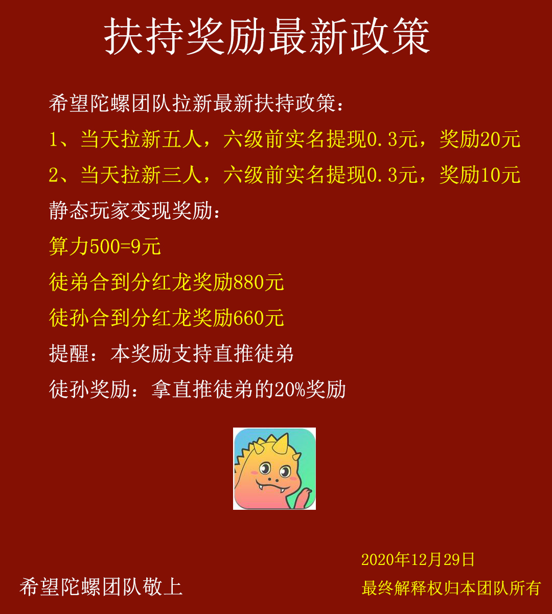 希望陀螺团队扶持奖励